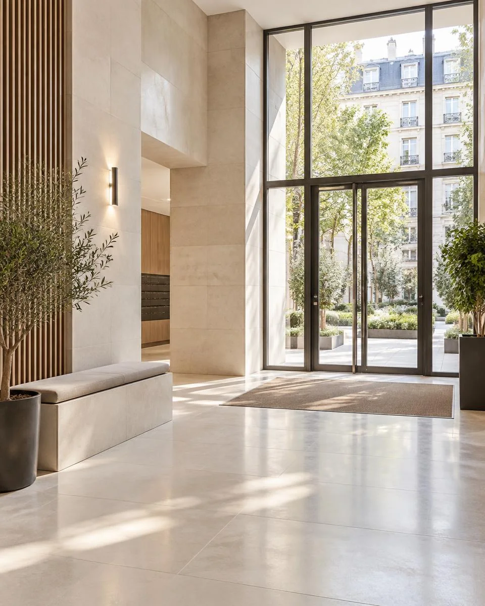 Hall lumineux et soigné d’une résidence, photographie d’illustration